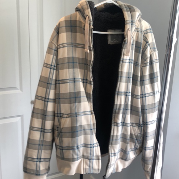 Winter flannel jacket in warm cream color with blue stripes - Picture 2 of 5